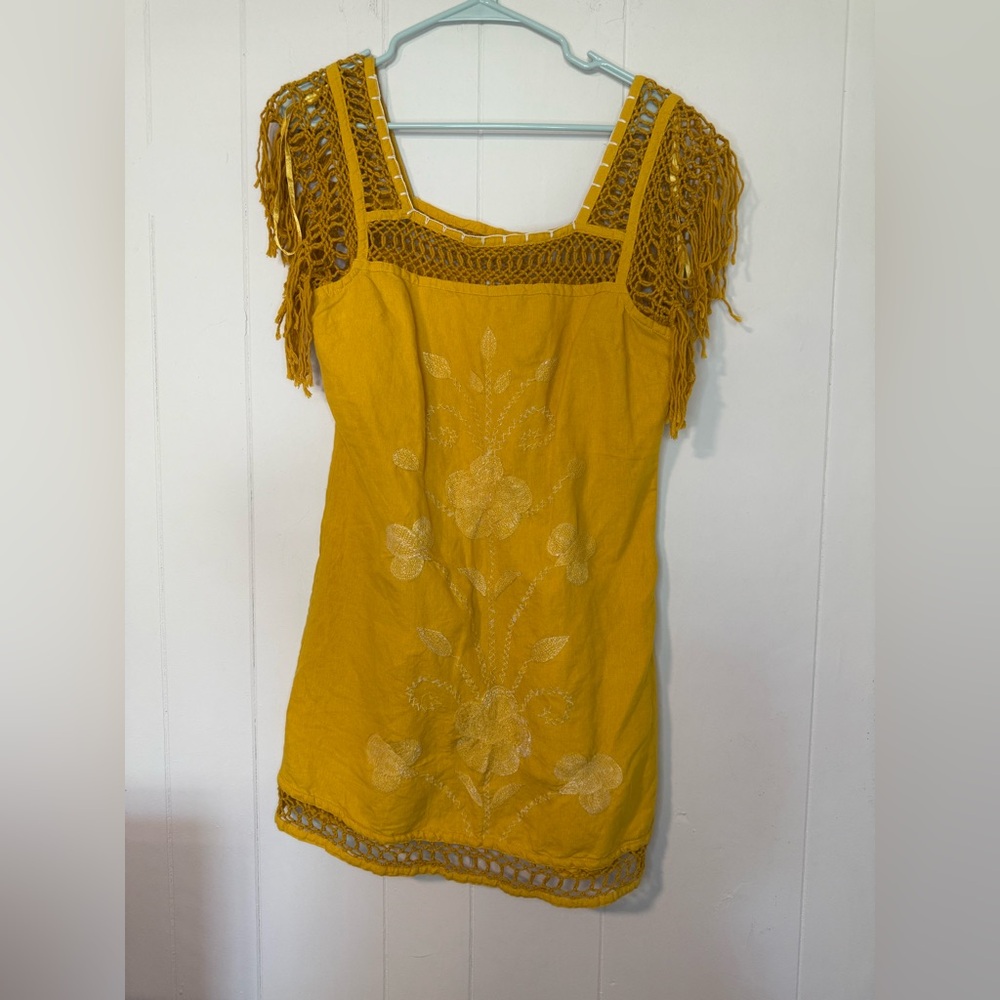 Free People Macrame Fringe Linen Mexican Embroidery Dress Boho Yellow Festival 8